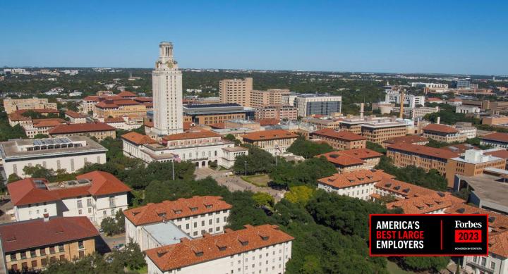 picture of campus and tower with Forbes Best Large Employer 2023 icon 