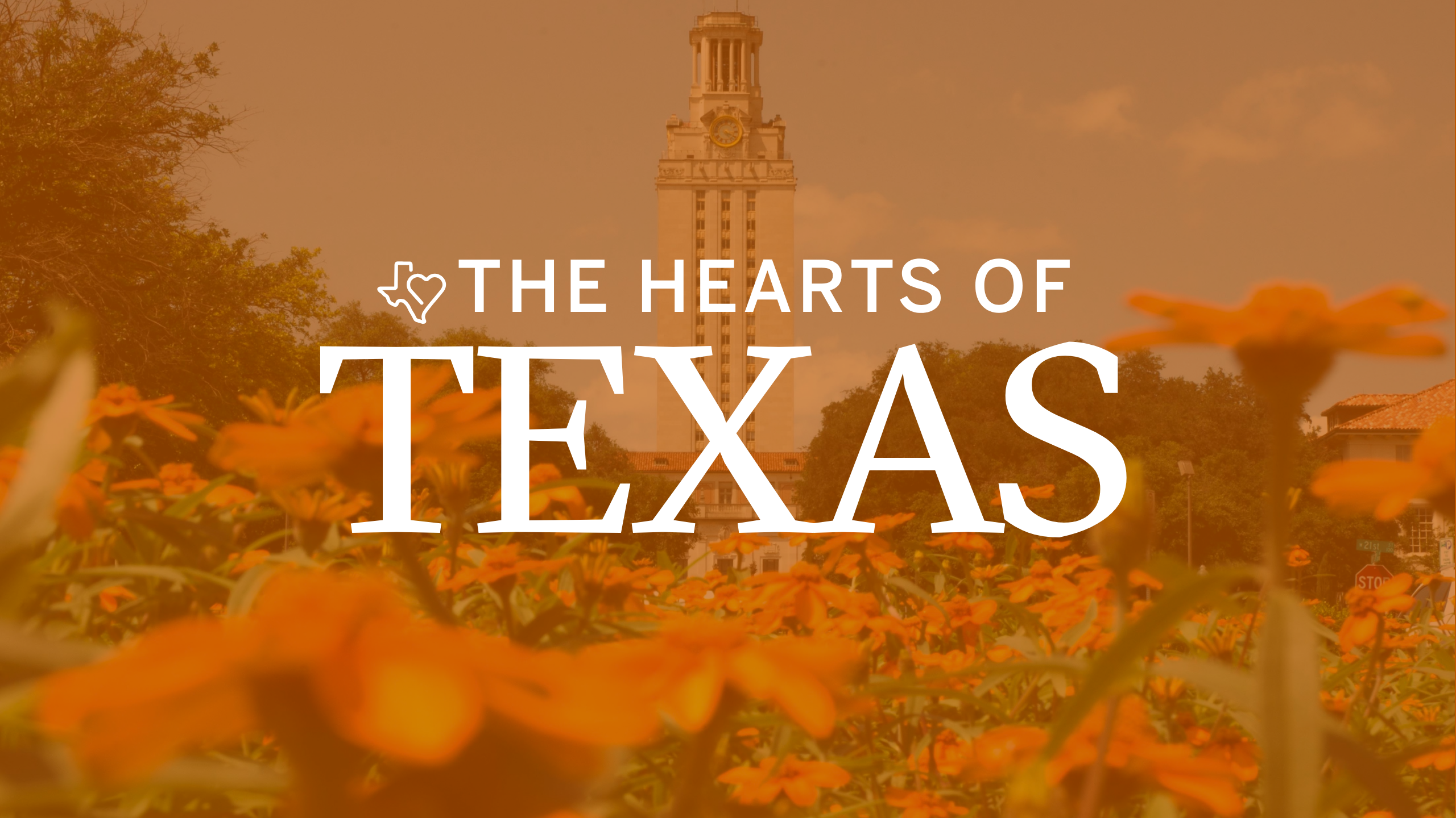 The Hearts of Texas copy over a photo of Ut Tower behind a field of flowers