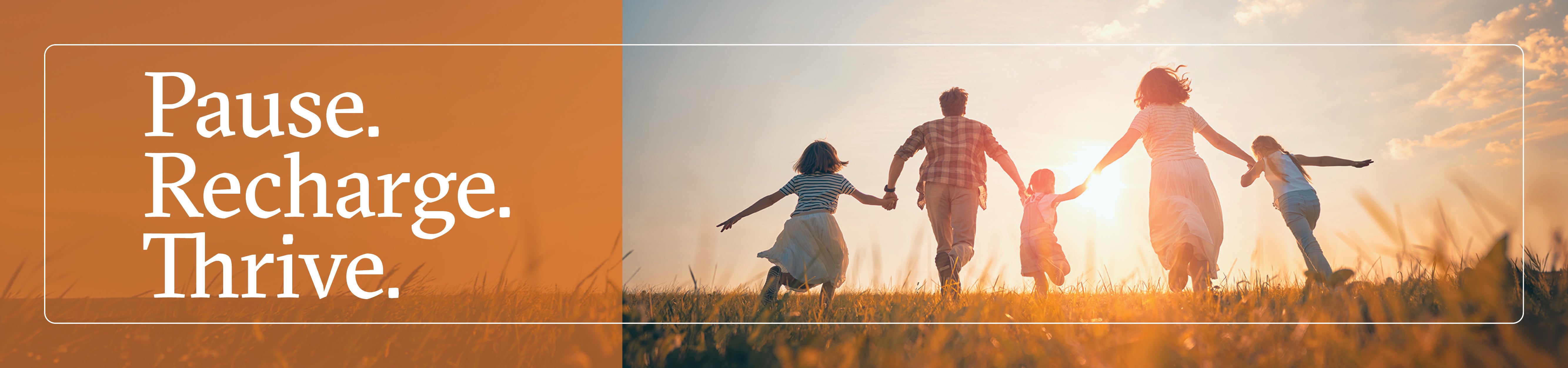 Banner with a family running while holding hands in front of a sunset