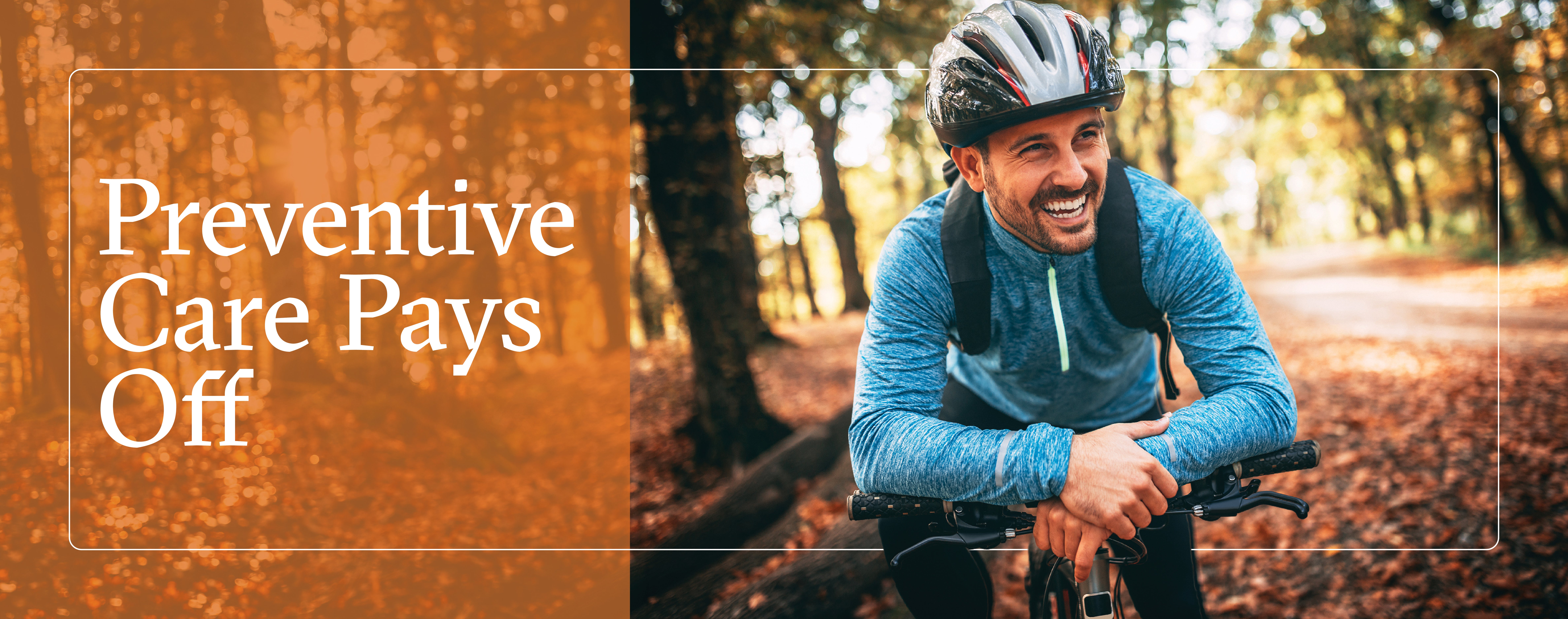 Preventive Care - Man smiling in a forest while riding a bicycle