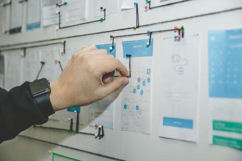 picture of a white board with an papers on it and a hand moving a pushpin