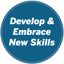 image that says "develop and emplace new skills" on a blue background