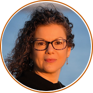 headshot with circular orange background of lisa deangelis