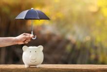 picture of a ceramic piggy bank with an umbrella being held over it