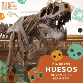 image of a dinosaur skeleton with the words Dia De Los Huesos in the bottom right corner 
