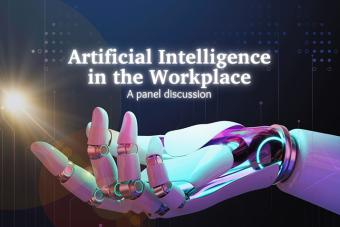 image of a robot hand with the words "Artificial Intelligence in the Workplace - A panel discussion