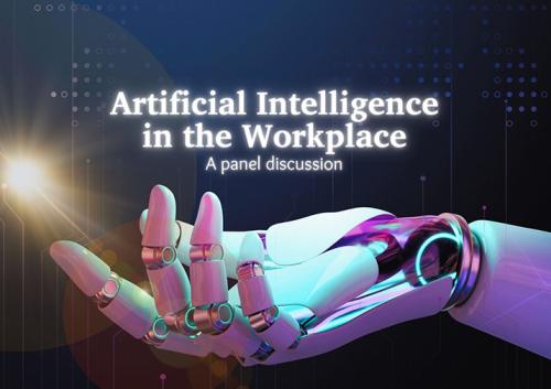image of a robot hand with the words "Artificial Intelligence in the Workplace - A panel discussion