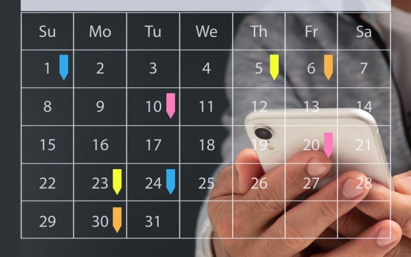 picture of a man holding a phone with an overlay on the picture of a calendar