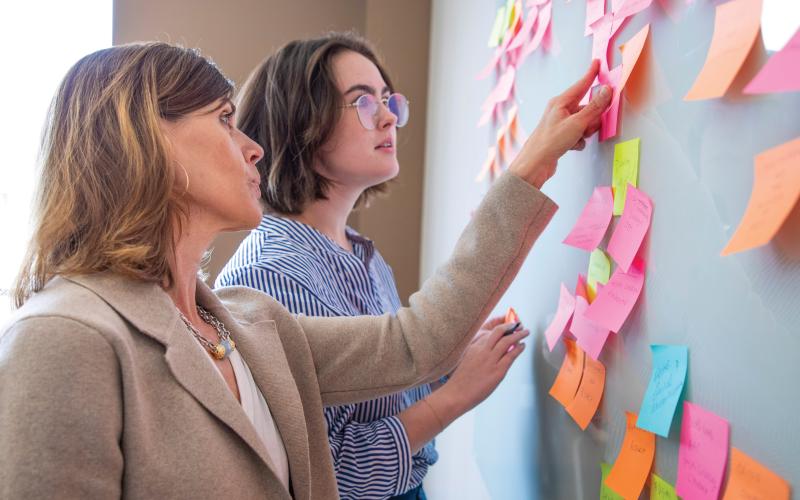 Staff working with notes on board